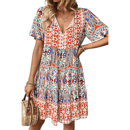 Zllk  European and American  Cross-Border Summer New V-neck Dress Fashion Loose Bohemian Printed Short Skirt