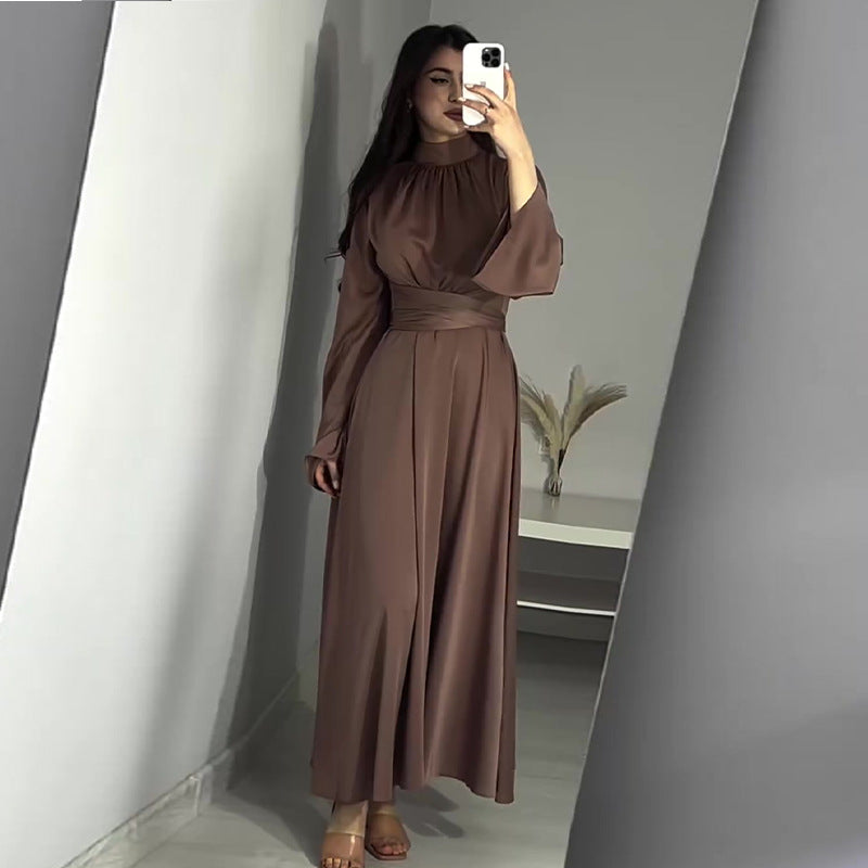 ZllKl  Autumn New  Cross Border  Cross-Border Solid Color round-Neck High Waist Slim Long Sleeve Elegant Dress