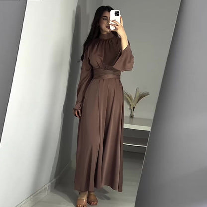 ZllKl  Autumn New  Cross Border  Cross-Border Solid Color round-Neck High Waist Slim Long Sleeve Elegant Dress