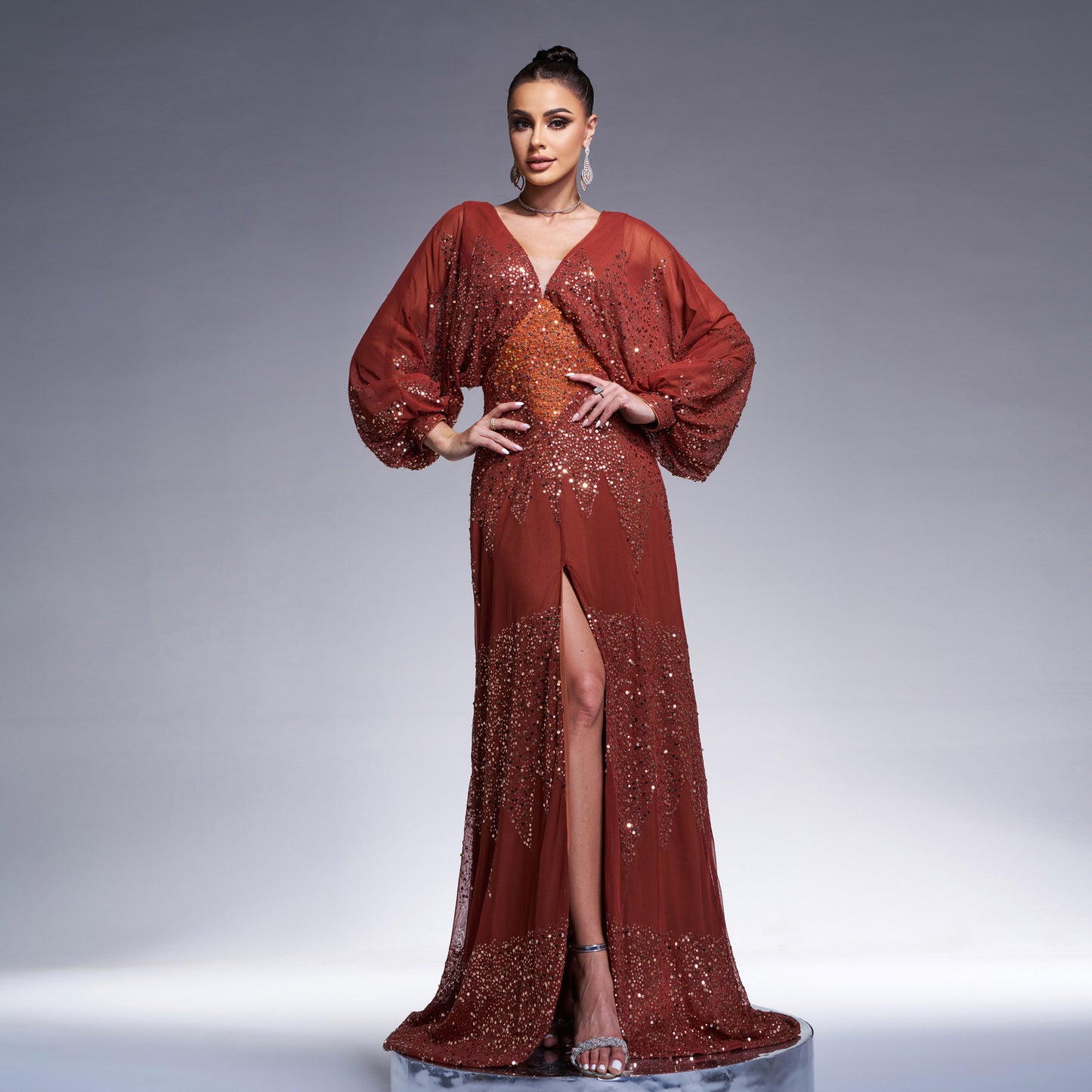 Popular New 2025  long skirts, long-sleeved sequined evening dresses, chiffon V-neck split waist dresses, women's clothing