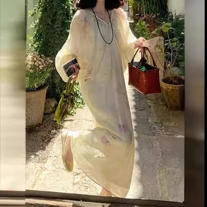 2025 Spot design sense classical dress women's popular spring new V-neck long-sleeved women's clothing temperament long skirt