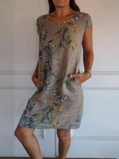 ZllKl  Wish Independent Station  Women's round Neck Loose Short Sleeves Printed Dress Women's Pocket Skirt