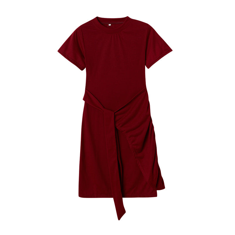 ZllKl  European and American  Popular Short Sleeve round Neck Pleated Bow Belt Irregular Dress