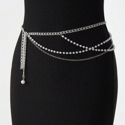 FB3354 2025 waist chain pearl chain metal chain cross wave fringe pendulum chain waist chain body chain