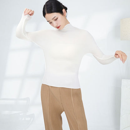 2025 Miyake basic spring and autumn bottoming shirt women's temperament turtleneck solid color slim fit simple versatile pleated long-sleeved top
