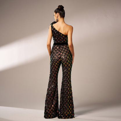 r 2025 new high-end one-shoulder diagonal collar banquet sequined slim-fit evening dress bridesmaid dress jumpsuit women