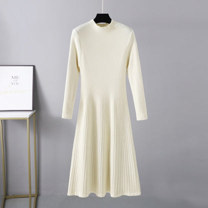 ZllKl Knitted semi-turtleneck dress for women, slim and thin in autumn and winter, thickened medium and long umbrella skirt, pink sweater skirt