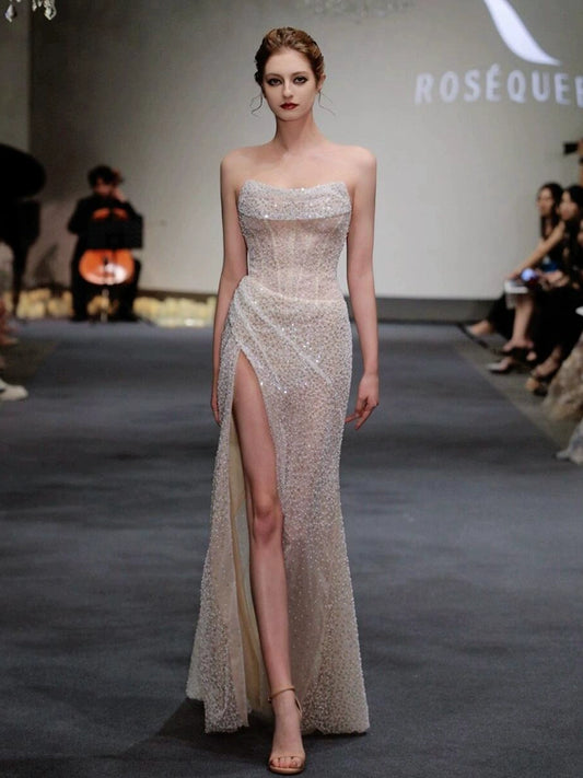 Fishtail tube top evening dress niche light luxury high-end sequin dress temperament celebrity style sexy trailing veil
