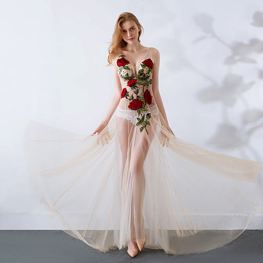 2025 G2006/sexy see-through dress lace mesh transparent slim low cut club ktv car show dress