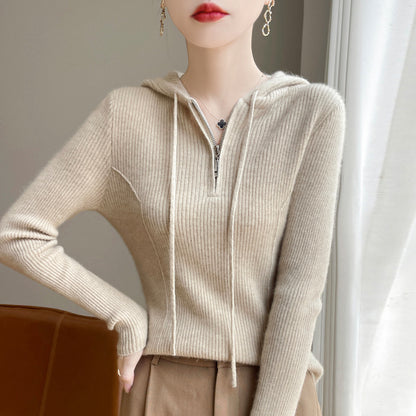 Half-zipper drawstring slim cashmere sweater women's pullover sweater autumn and winter solid color hooded wool knitted slim base