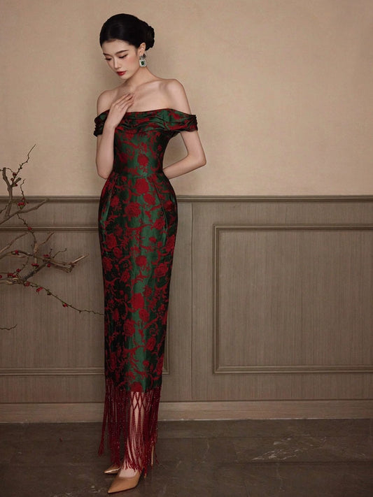 Morning robe female bride one-word shoulder retro new Chinese style engagement dress temperament banquet advanced wedding toast
