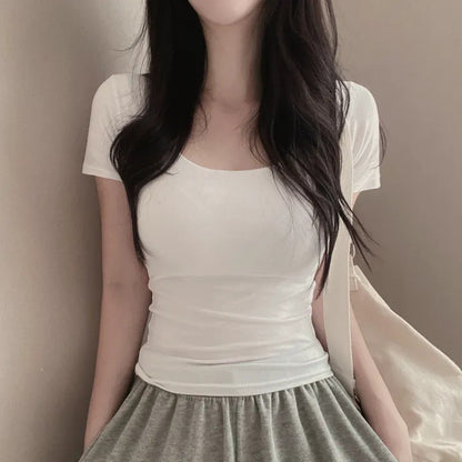 ZLLKL Manufacturer 5 colors, Korean version of pure cotton color, basic square neck short-sleeved t-shirt, short backing, thin slim-fitting and thin top