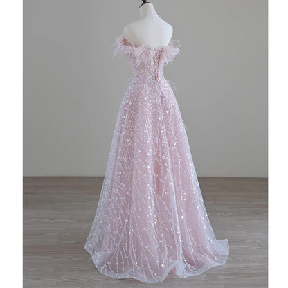 2025 Pink feather evening dress women's high sense one-word shoulder toast dress bride fairy temperament socialite engagement banquet princess dress