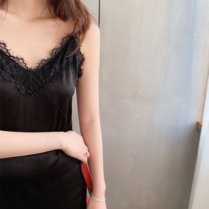 Silk suspender dress women's popular spring and summer new  lace retro blue sexy suspender long skirt