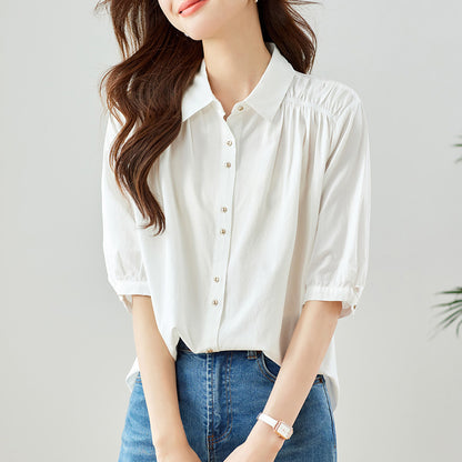 direct sales lapel single-breasted temperament lady shirt summer new shoulder pleated design niche top