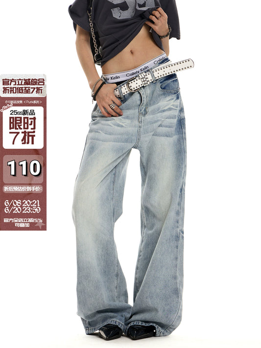 0123Start retro washed old light blue jeans men's and women's loose n trendy straight pants