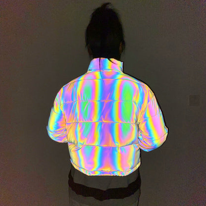 2025 winter new product short stand-up collar colorful reflective cotton-padded clothes women's European, American cross-border  fashion laser cotton clothes