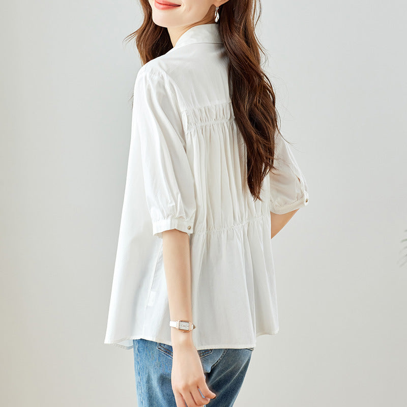 direct sales lapel single-breasted temperament lady shirt summer new shoulder pleated design niche top