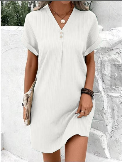 ZllKl  Cross-Border European and American Women's Clothing  New  V-neck Solid Color Pullover Comfort and Casual Button Dress