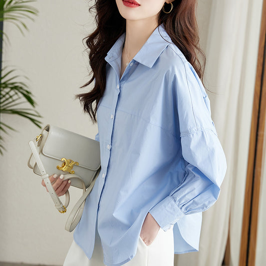 [Customized] Blue Lantern Sleeve Design Shirt Women's Long Sleeve Loose Casual Top Fashion Chic Shirt
