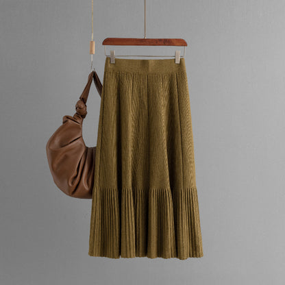 ZllKl Hot trade New Korean version of solid color knitted skirt, fashionable, simple and versatile, high waist and thin pleated skirt, medium and long women
