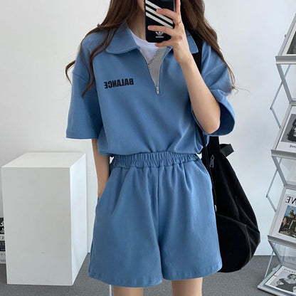 ZllKl Wholesale 4 colors, high-end cotton zipper set two-piece set women's short-sleeved shorts sportswear solid color loose summer fashion