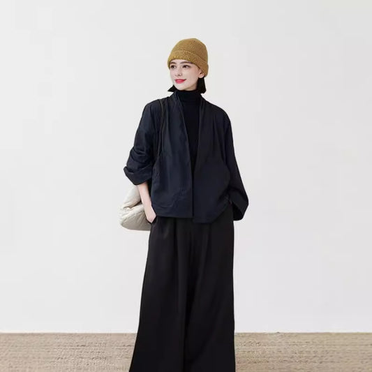 2025 Women's autumn women's suit, nine-quarter-sleeved loose fleece cardigan jacket B0939 simple silhouette casual pants