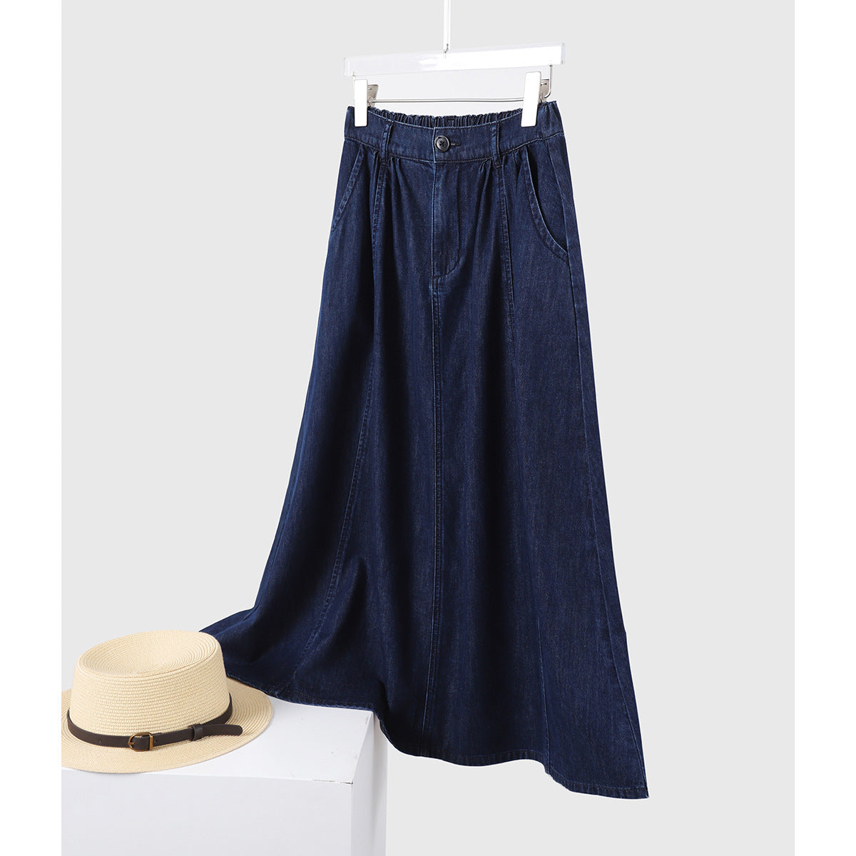 2025 Washed a word wavy medium and long umbrella skirt skirt, retro and thin high waist, pure cotton denim skirt short skirt Korean