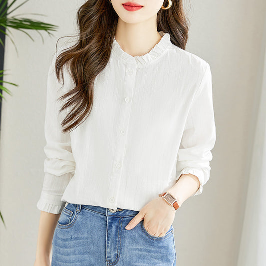 Cotton cocoon, fungus collar with white shirt inside, women's long-sleeved 2025 spring clothes, new pure cotton top, shirt bottoming shirt.