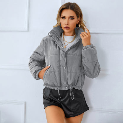 Cross-border autumn and winter new women's padded jackets, European and American style stand-up collar zipper button padded jackets, padded jackets, warm bread jackets, trendy