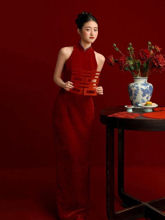New Chinese cheongsam evening dress red neck high-end morning robe bride engagement wedding niche return toast dress