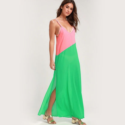 2025 Spring and summer  New sexy suspender backless high split contrasting chiffon shirt casual beach dress dress