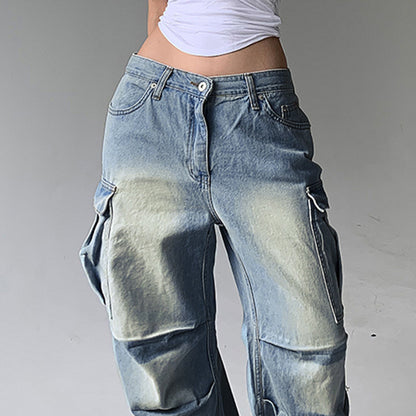 2025 Street Washed White Side Multi-Pocket Wide-Leg Jeans Women's Low Waist Loose Slimming Pleated Trousers Spring
