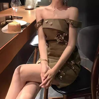 2025 Spot heavy industry celebrity bead three-dimensional flower suspender tube top skirt women's summer light luxury a-word dress