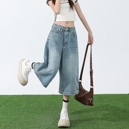 Light Blue Cropped Jeans Women's Summer Thin 2025 New High Waist Slimming and Straight Loose Cropped Wide Leg Pants