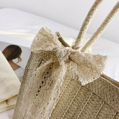 ZLLKL 2025New woven vegetable basket handbag bag Mori sweet lace bow straw woven women's bag large capacity messenger bag