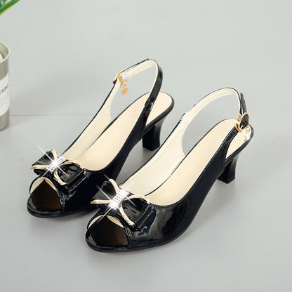 ZllKl  New Peep Toe Solid Color Sandals Summer Women's Chunky Heel High Heel Shoes Korean Style Fashion Bowknot Rhinestone Mid Heel Sandals