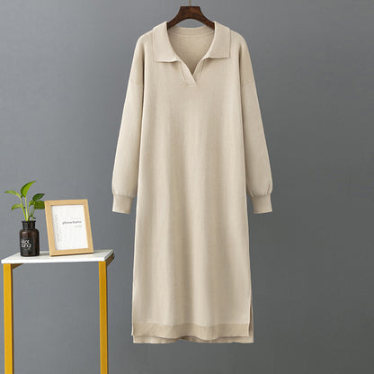 ZllKl 23 autumn and winter new  2025 Polo collar bottoming knitted long dress loose large size solid color women's dress