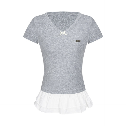 TX230 trend 2025 women's high-end lace fake two-piece design short-sleeved Spice Girl dress waist and thin T-shirt