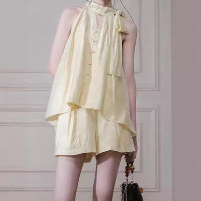 2025 Bamboo rhyme Zen, jasmine light yellow, Lyocell neck shirt + shorts set women's popular summer new