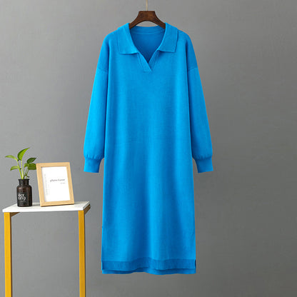 ZllKl 23 autumn and winter new  2025 Polo collar bottoming knitted long dress loose large size solid color women's dress