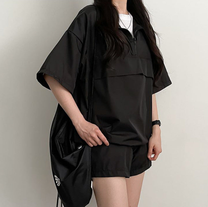 ZllKl Wholesale turtleneck zipper short sleeve shorts women's two-piece set Korean version summer fashion casual sportswear set loose
