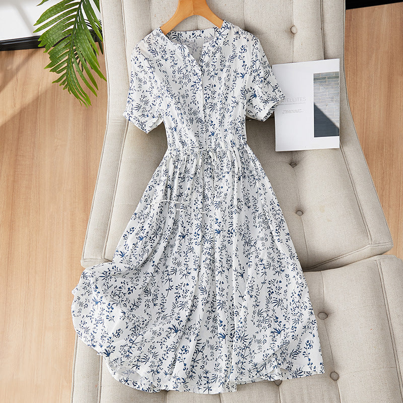 direct sales new Chinese style small floral pure cotton dress women's short sleeve summer new elegant temperament medium and long dress