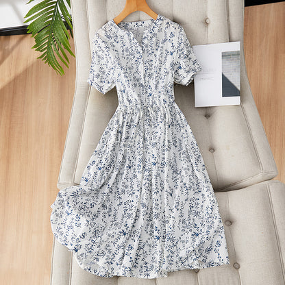 direct sales new Chinese style small floral pure cotton dress women's short sleeve summer new elegant temperament medium and long dress