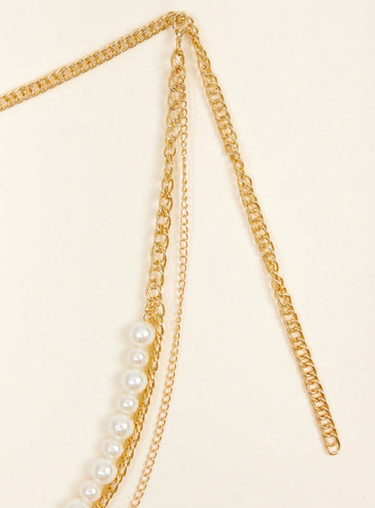 FB3363 2025 waist chain simple pearl chain metal chain wavy tassel side pendulum chain combined waist chain
