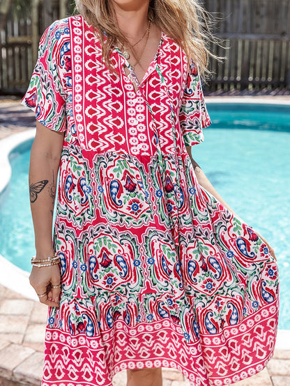 Zllk  European and American  Cross-Border Summer New V-neck Dress Fashion Loose Bohemian Printed Short Skirt