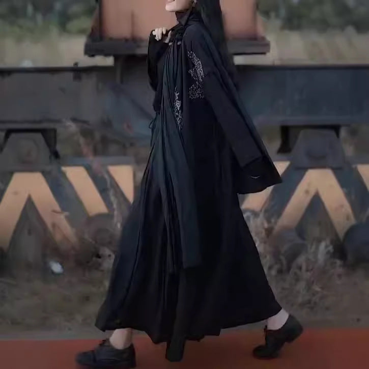 2025 Skirt Autumn Women's Long Sleeve Dress, Black Linen Lace-Up Embroidered Long Skirt Cardigan 20908