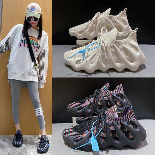 2025 Spring new Korean version of student breathable sports shoes couple socks shoes women's  women's running flying knitting 450-7