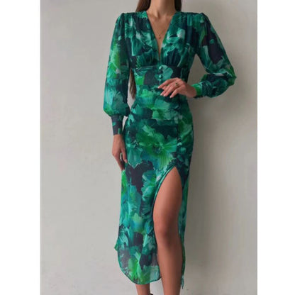 ZllKl  Cross-Border Spring and Summer New Women's Clothing Dress V-neck REDLEAF Printed Foreign Trade Dress Large Swing Skirt