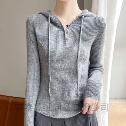 Half-zipper drawstring slim cashmere sweater women's pullover sweater autumn and winter solid color hooded wool knitted slim base